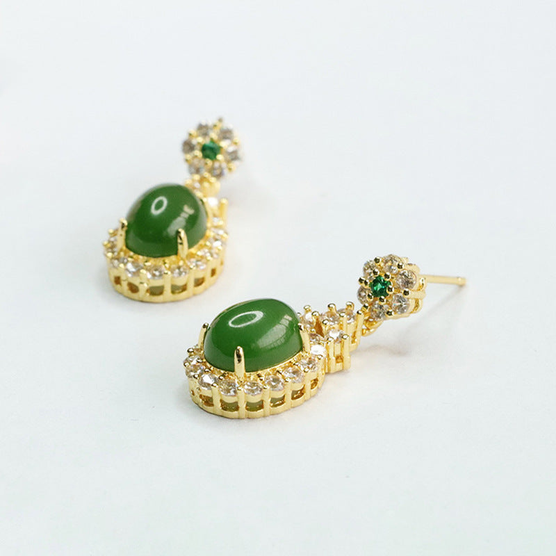 Green and White Zircon Sterling Silver Earrings with Jade Gemstones
