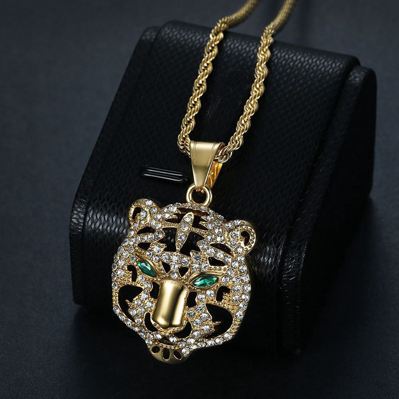 Planderful Premium Hip Hop Necklace Titanium Gold Plated Zircon Tiger Head Pendant For Hip Hop Fans