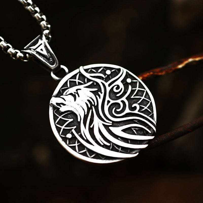 Viking-Inspired Stacked Triangle Pendant with Retro Wolf Head Tag in Titanium Steel for Men