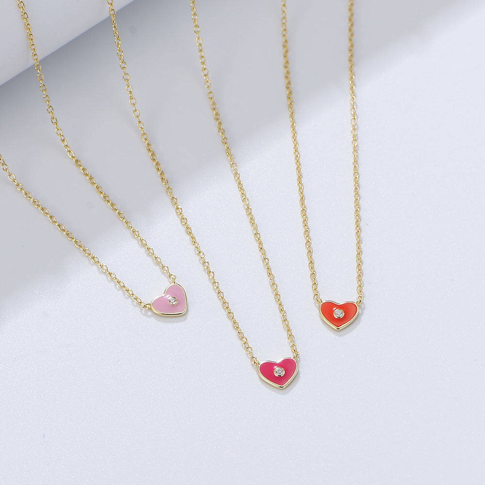 Girl Small Fresh Love Heart Pendant Necklace S925 Sterling Silver Colored Epoxy
