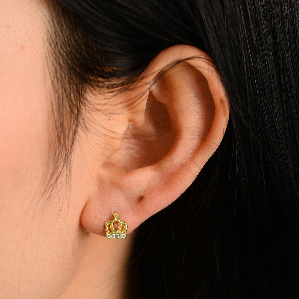 Planderful 925 Sterling Silver Zircon Crown Stud Earrings For Women Trendy Minimalist Everyday Ear Jewelry