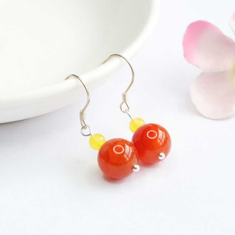 Red Agate Bead Sterling Silver Earrings with S925 Silver Hook