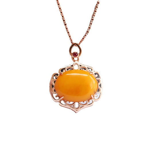 Rose Gold Necklace with Beeswax Amber Pendant and S925 Silver Hollow Rose Gold Necklace