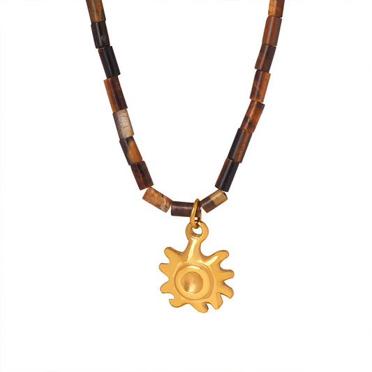 Tiger Eye Beaded Titanium Necklace with Sun Pendant - Niche Design