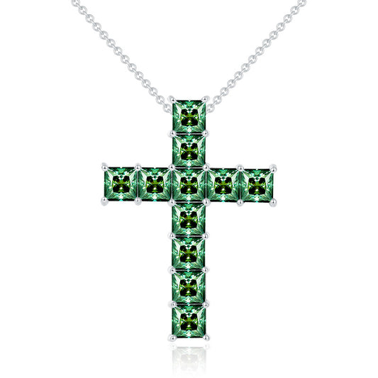 1.0 Carat Princess Cut Green Moissanite Cross Silver Necklace