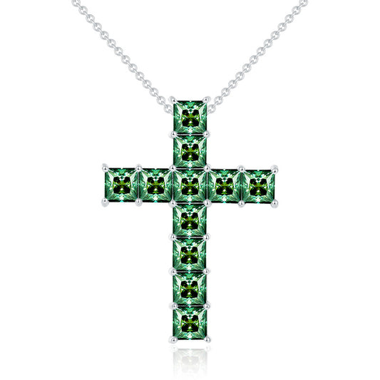 1.0 Carat Princess Cut Green Moissanite Cross Silver Necklace