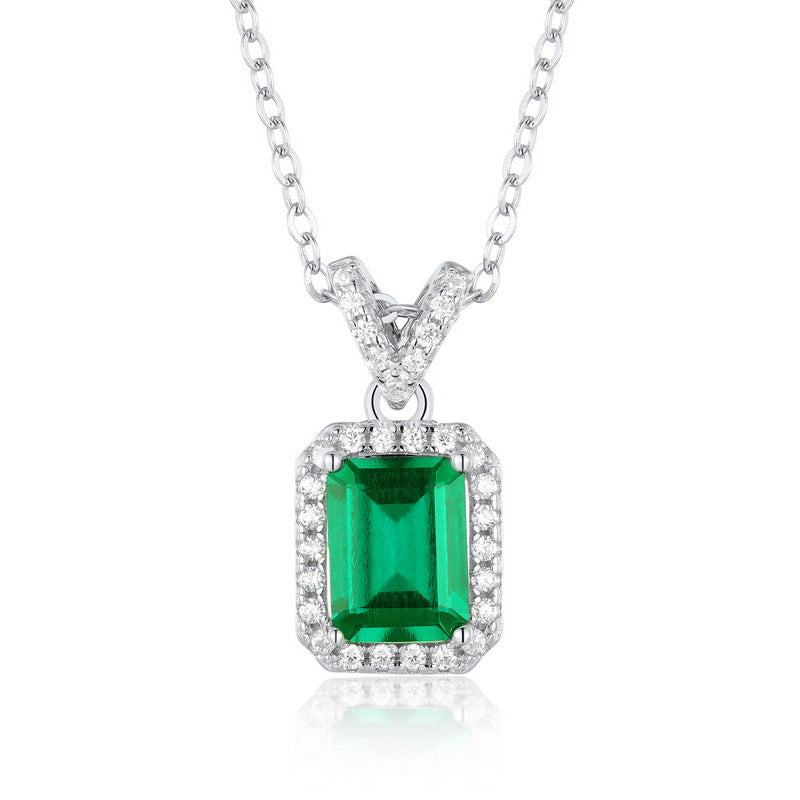 S925 Sterling Silver Lab-Grown Emerald Geometric Vintage-Inspired Necklace
