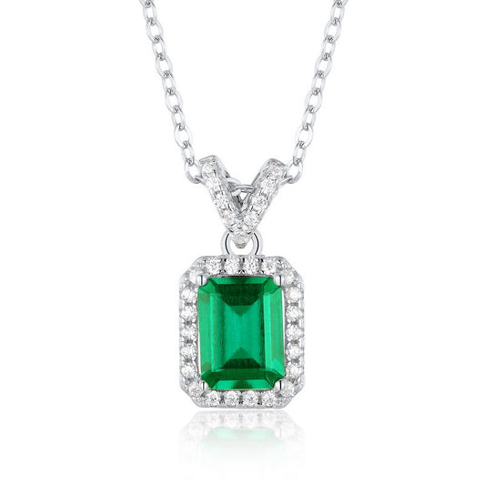 S925 Sterling Silver Lab-Grown Emerald Geometric Vintage-Inspired Necklace