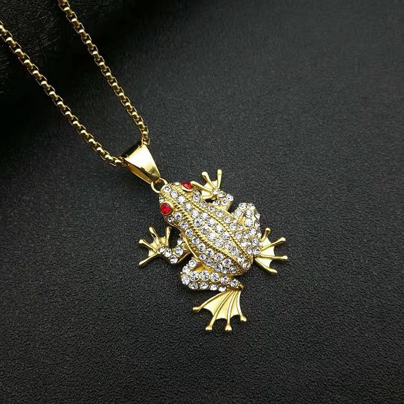 Planderful Hip Hop Necklace Stainless Steel Gold Plated Zircon Red Eyed Frog Pendant For Urban Fashion Fans