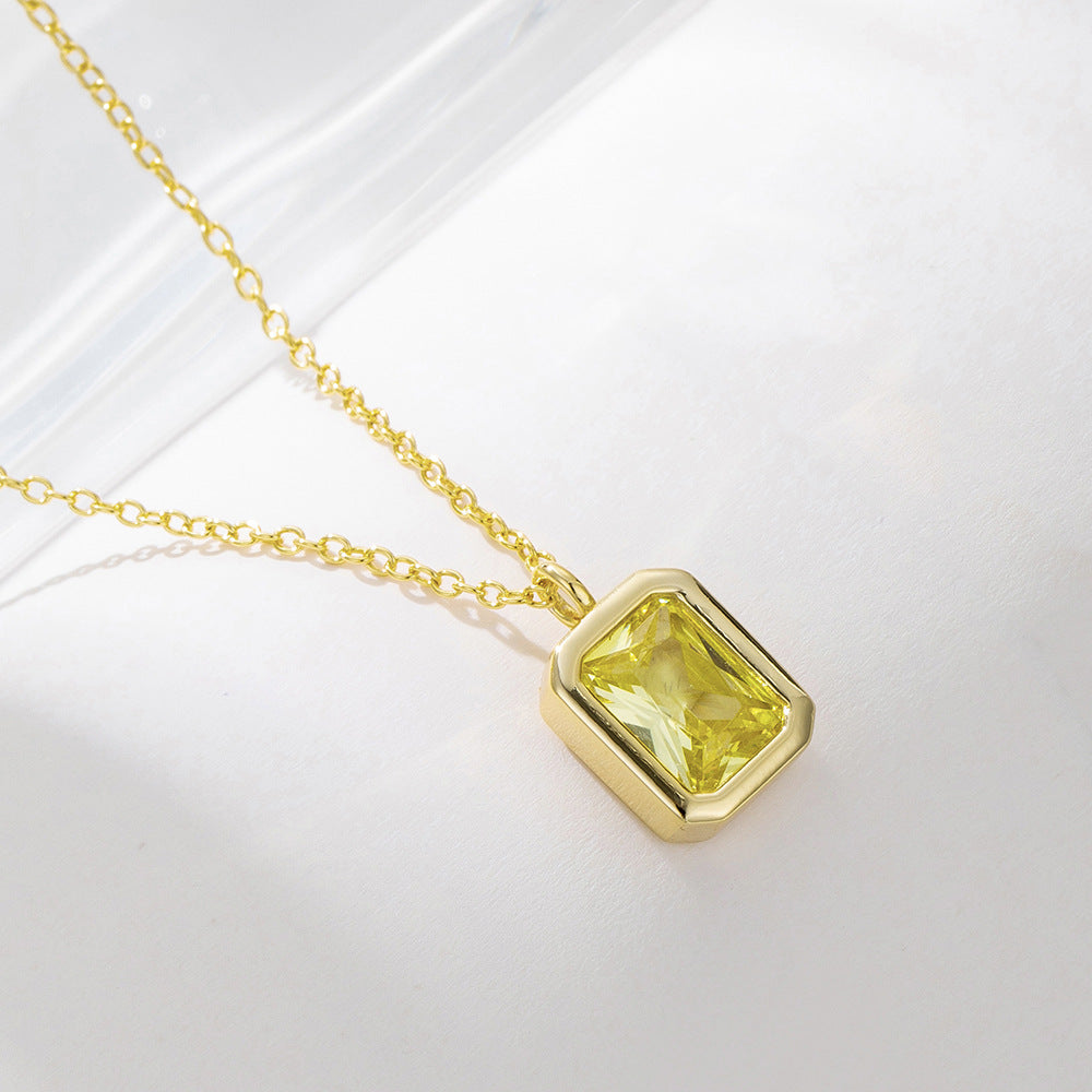 S925 Sterling Silver Square Olive Yellow Zircon Pendant Necklace