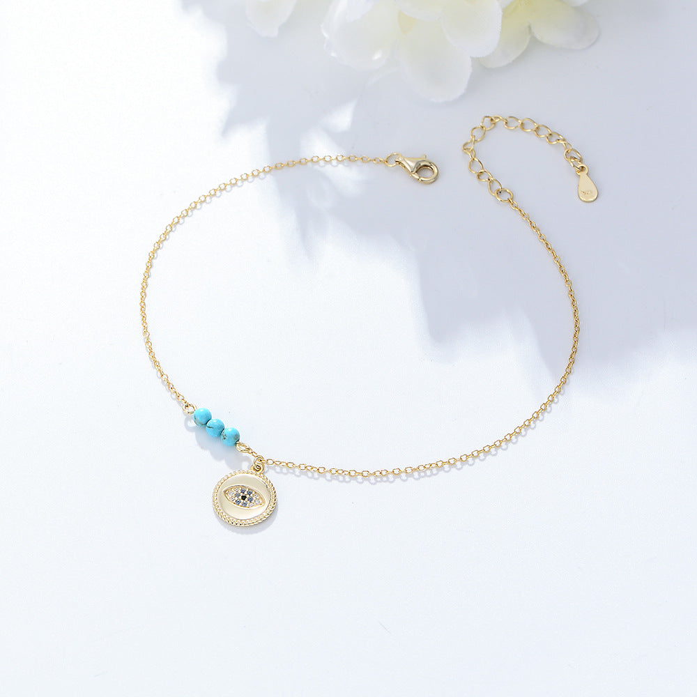 S925 Sterling Silver Devil's Eye Inlaid Zircon Turquoise Anklet Amazon Summer Beach Bracelet