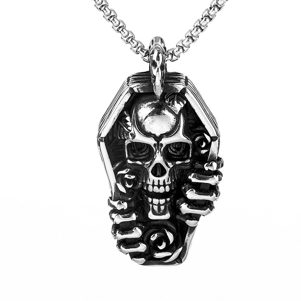 European And American Retro Stainless Steel Men's Pendant Personalized Punk Skull Coffin Necklace