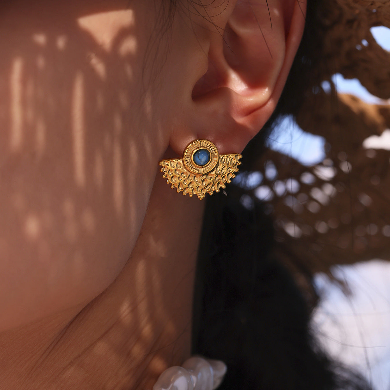 Turquoise Peacock Fan Stud Earrings 18K Gold Women