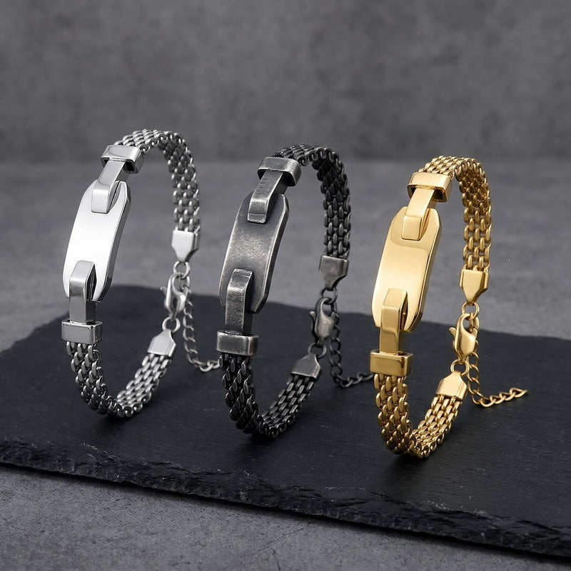 Style Rectangular Plate Mesh Chain Titanium Steel Bracelet Geometric Curved Bar
