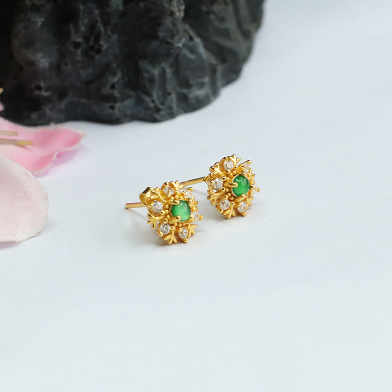 Icy Green Jadeite Snowflake 925 Silver Stud Earrings