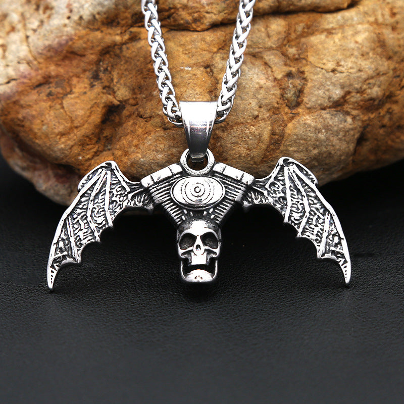 Gothic Skull Bat Stainless Steel Pendant Necklace