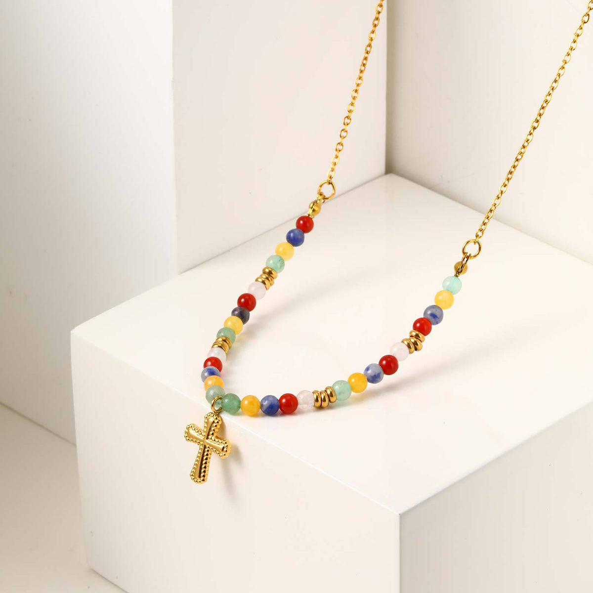 Stainless Steel Colored Natural Stone Bead Cross Cherry Teardrop Heart-Shaped Necklace