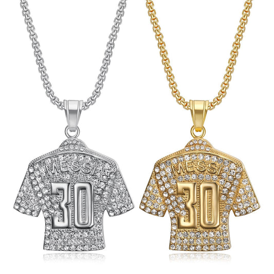 Planderful Football Jersey Pendant No 30 Titanium Steel Gold Plated Zircon Unisex Statement Necklace