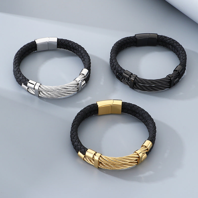 Business Style Black Double Leather Rope Leather Bracelet Layered Stainless Steel