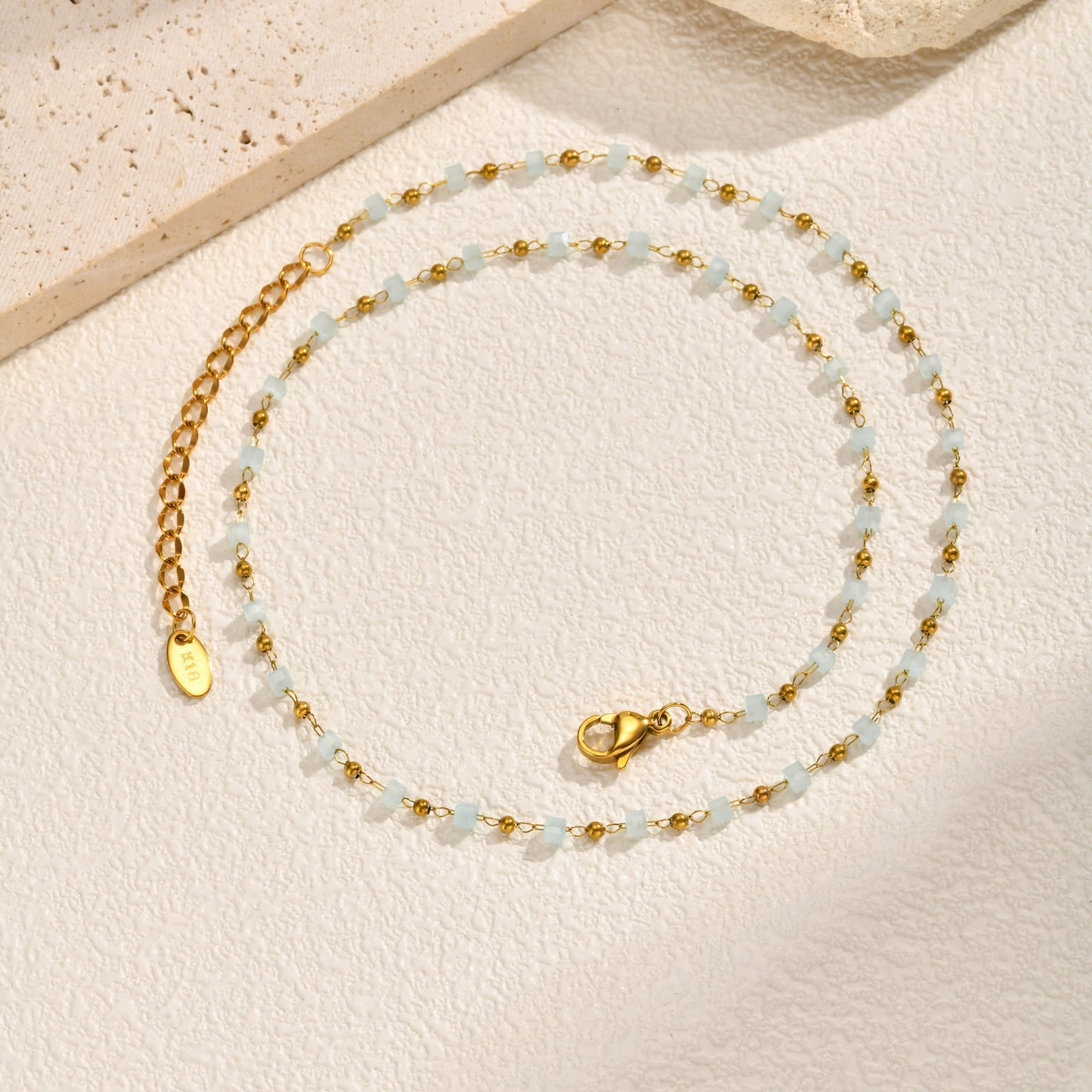 Stainless Steel Beaded Sugar Cube Necklace Light Blue Bead Chain Cherry Sweet Necklace