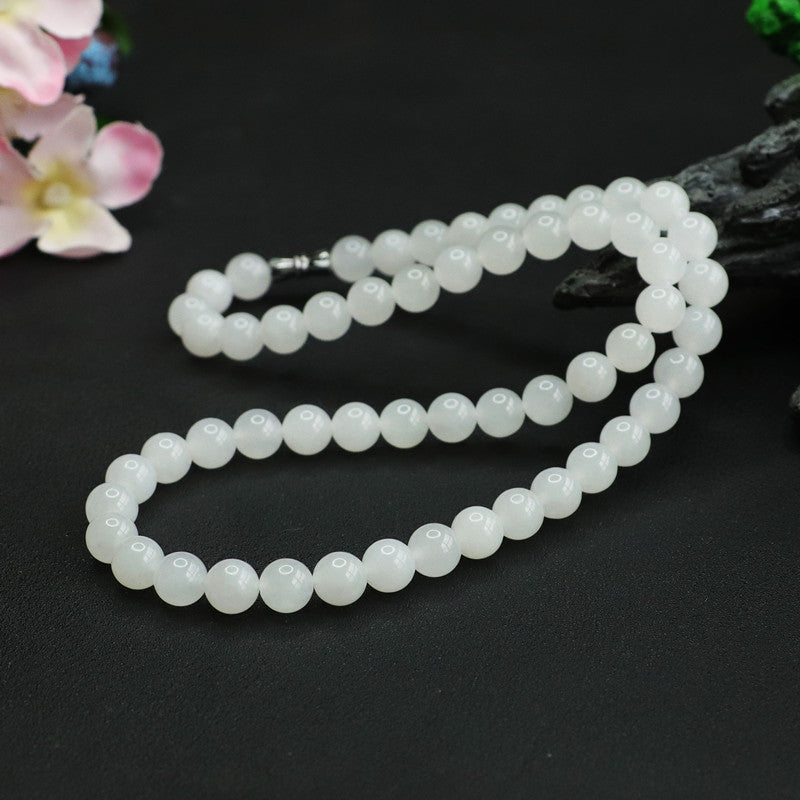 Natural Hetian Jade Necklace, White Jade Bead String Jewelry