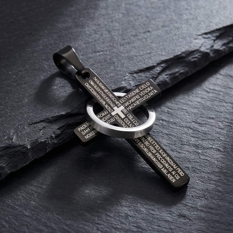 English Cross Pendant, Punk Retro Ring Cross Stainless Steel Men's Necklace