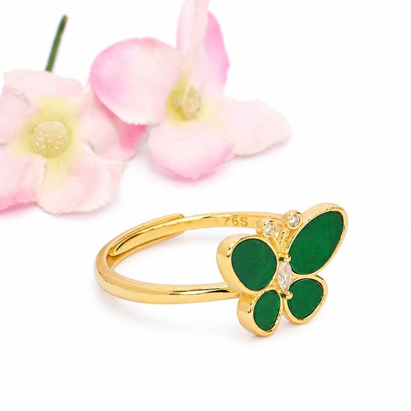 Green Jadeite Butterfly 925 Silver Ring