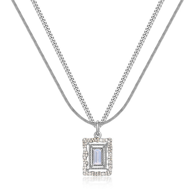 Rectangle Zircon with Wavy Halo Double Layers Sterling Silver Necklace