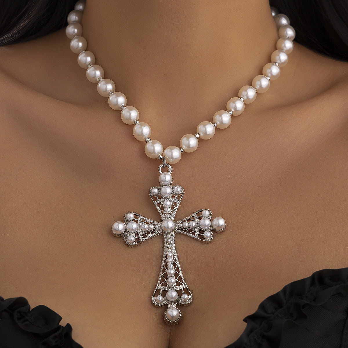 Cyber Cross & Bead Layered Necklace
