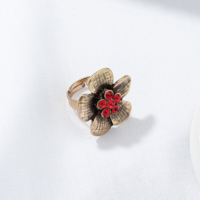 Vintage Zircon Flower Ring with Handmade Cross-border Charm