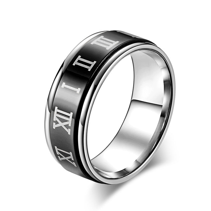 Planderful Mens Titanium Steel Ring With Rotating Roman Numerals Blue High End Index Finger Ring