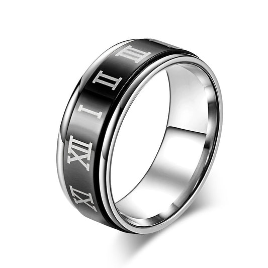 Planderful Mens Titanium Steel Ring With Rotating Roman Numerals Blue High End Index Finger Ring