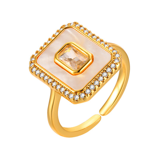 Fashion Copper Geometric Octagon Zircon Shell Open Ring Golden Lady