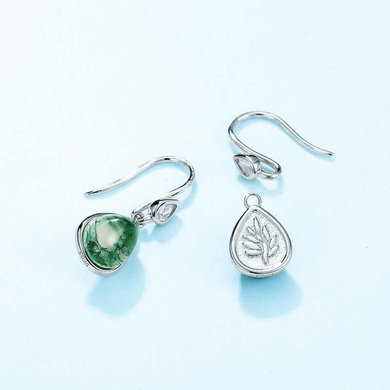 S925 Sterling Silver Moss Agate Teardrop Drop Earrings