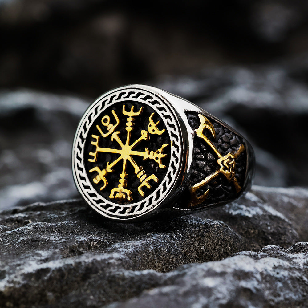 Planderful Titanium Steel Ring For Men Nordic Viking Bold Double Axe Pattern Everyday Genie Collection