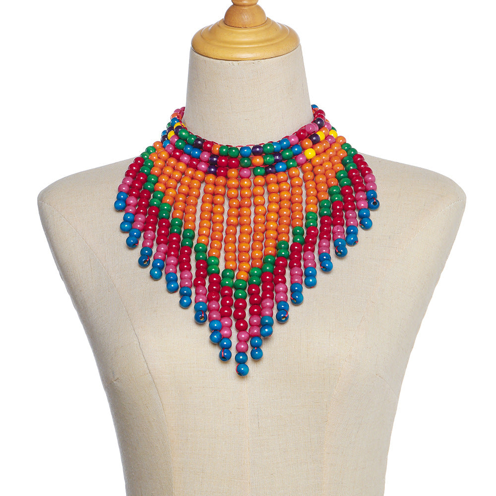 Savanna Rhythms Exotic Wood Bead Necklace with Tassel Triangle Scarf Design Shawl Chain Oversized Accent Necklace