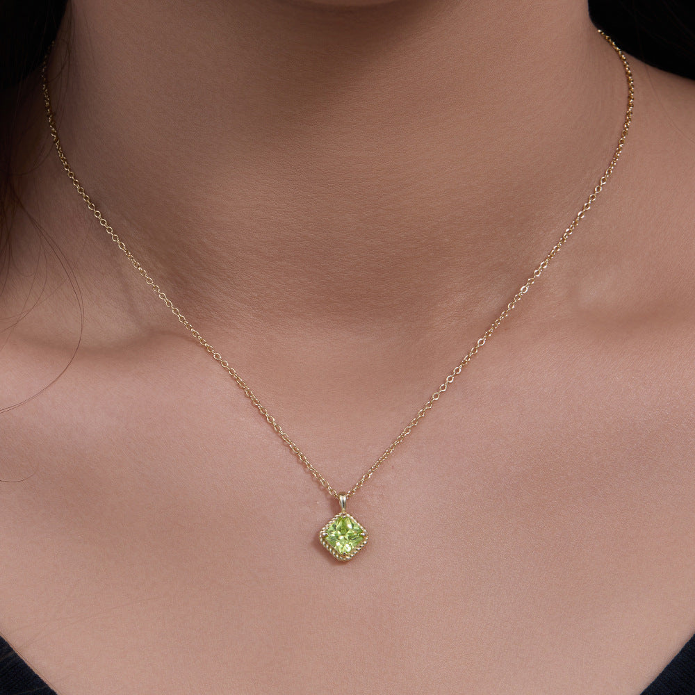 Geometric Square Green Zircon Pendant Necklace S925 Sterling Silver Zircon Necklace