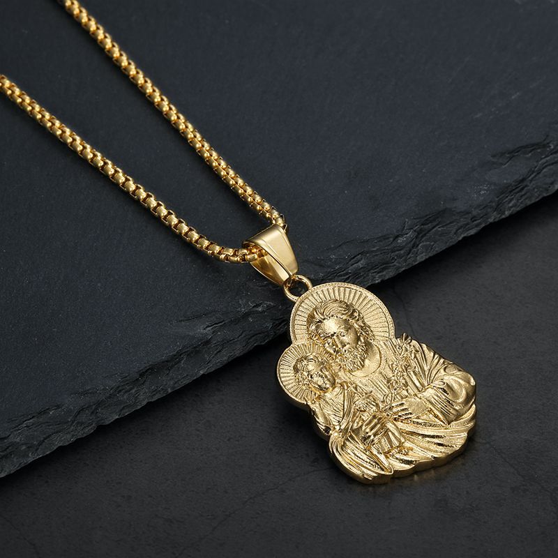 Planderful Hip Hop Jewelry Gold Plated Stainless Steel Zircon Holy Family Pendant Necklace For Unisex Fans