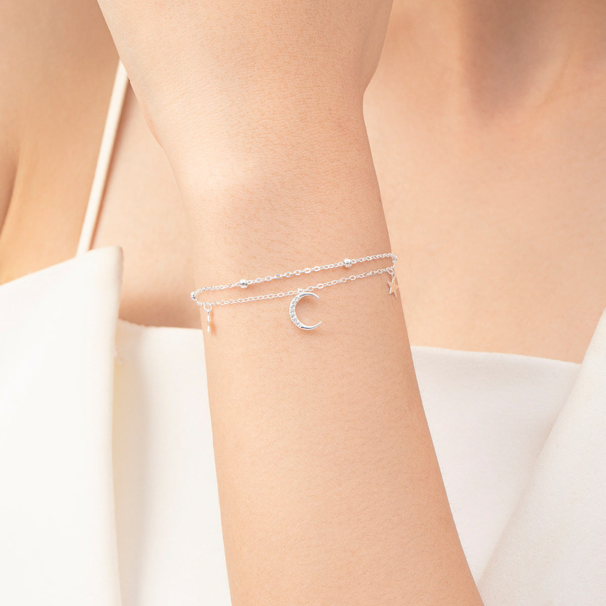 Double Layered Sterling Silver Star Moon Bracelet for Women with Zircon Accents