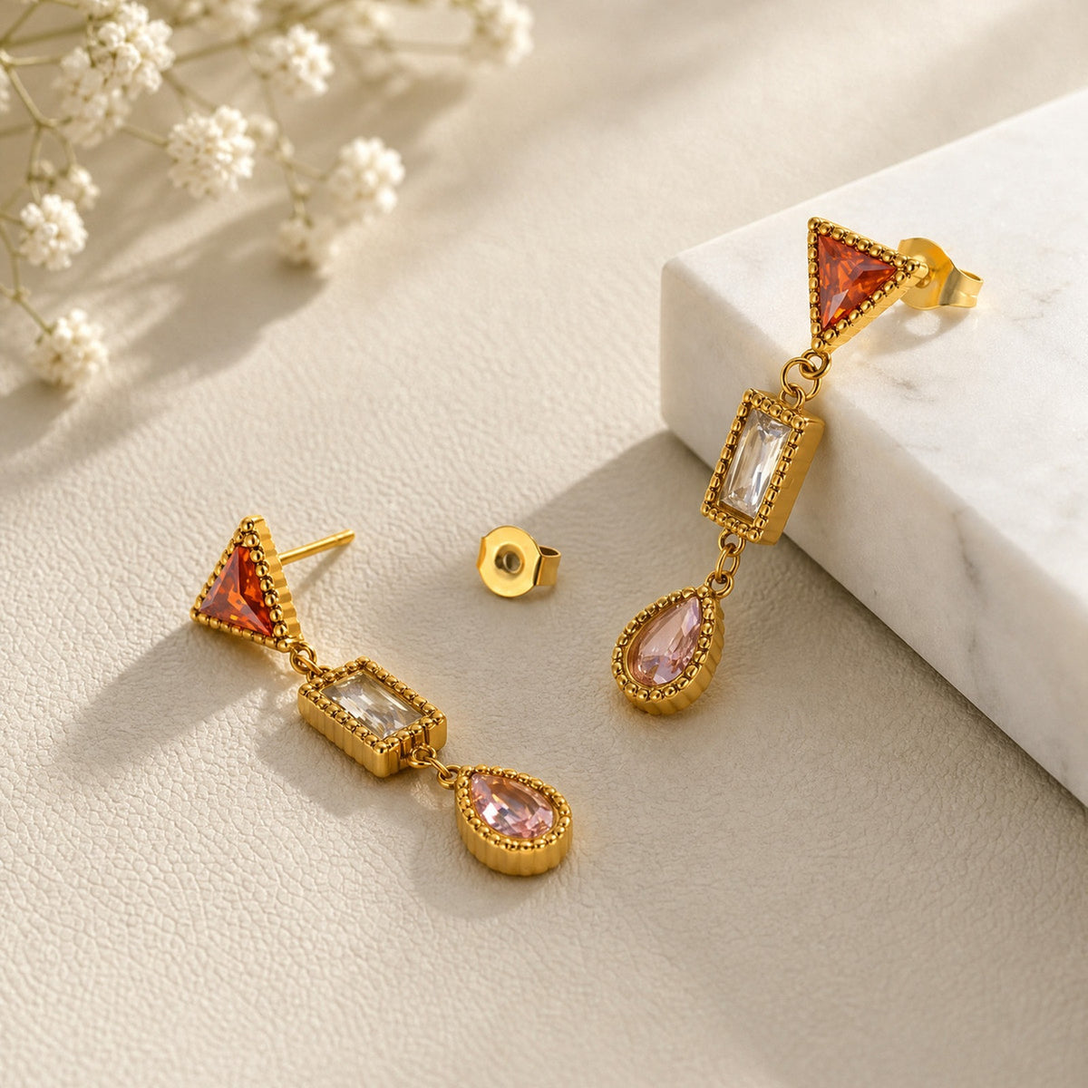 Multicolor Crystal Geometric Drop Earrings — Gold Pair