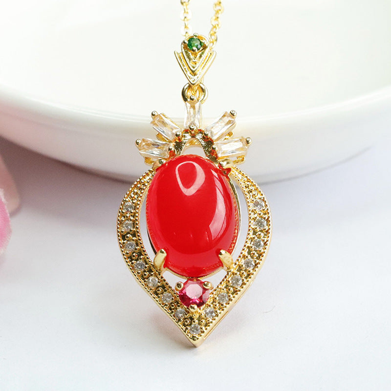 Oval Red Agate Zircon Peach Heart Pendant