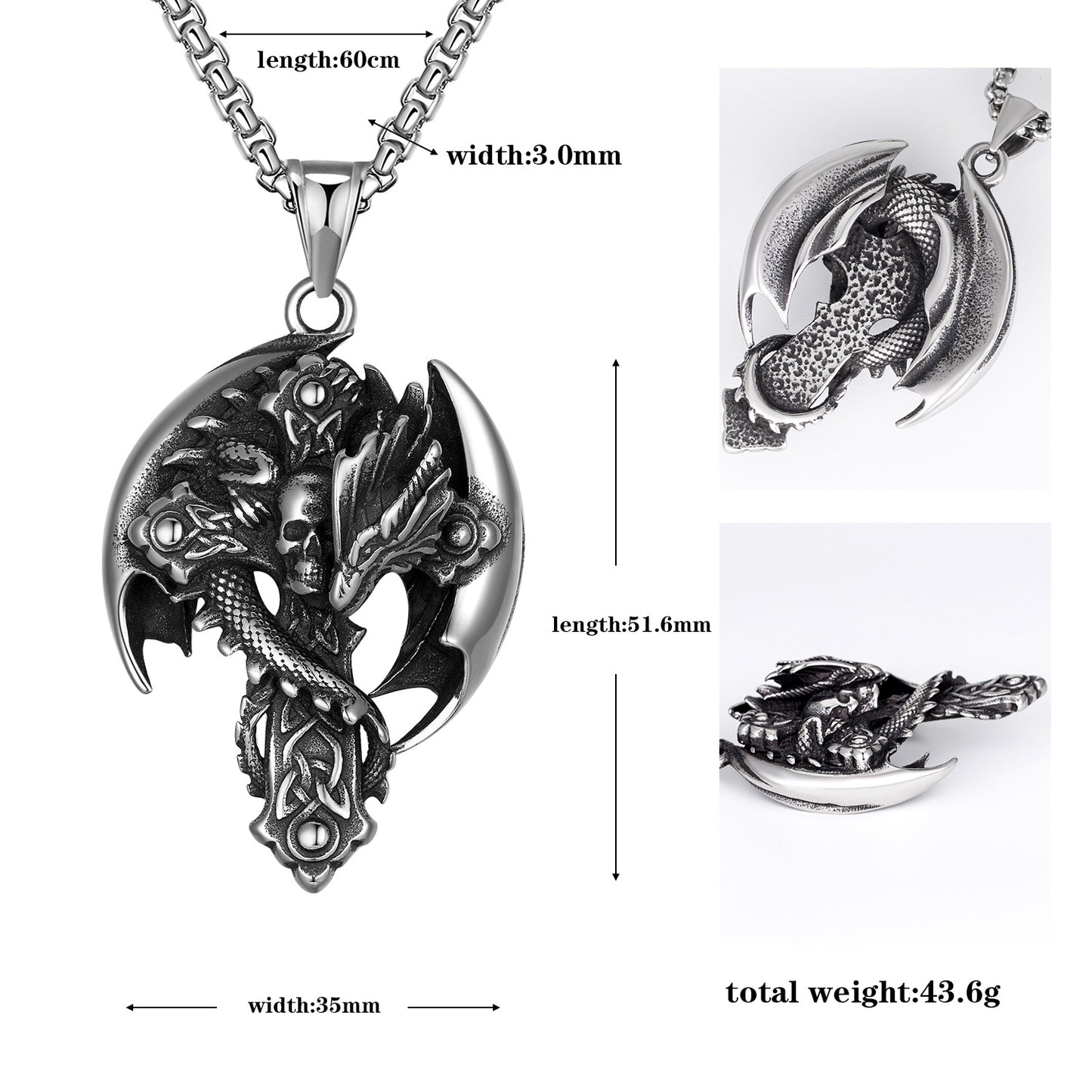 Steel Necklace - Vintage Cross Skull Dragon Pendant
