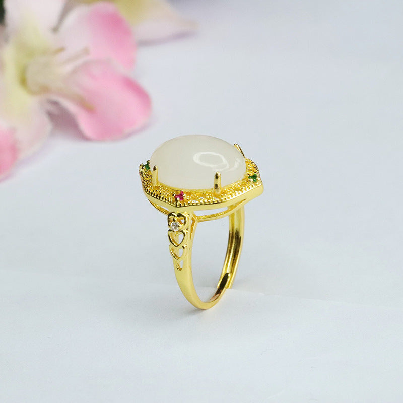 Exquisite Oval White Jade Ring with Zircon Hollow Halo