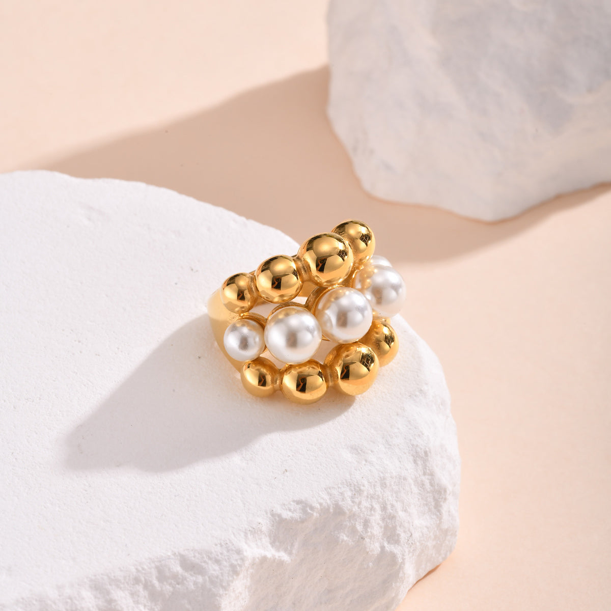 Stainless Steel Imitation Pearl Ball Multi-Layer Casting Ring – Gold