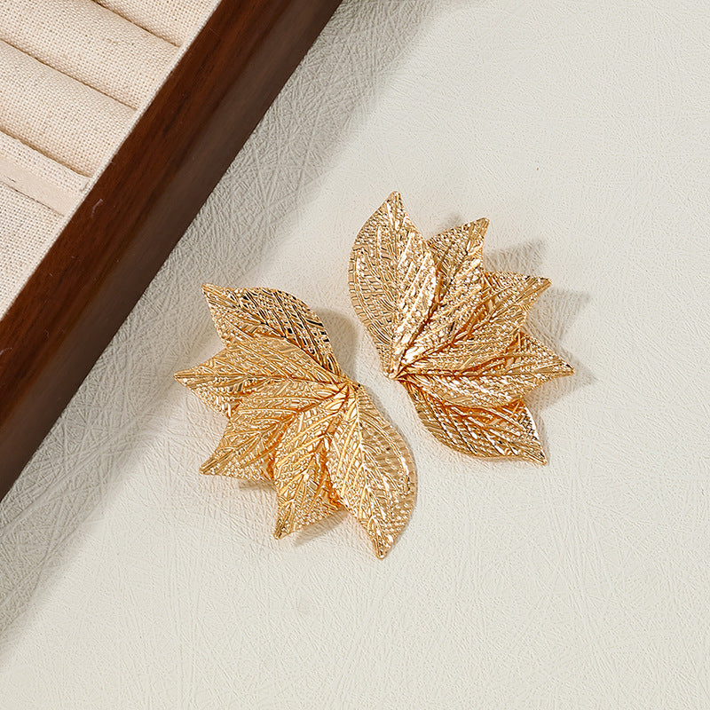 Luxurious Metal Fan-Shaped Leaf Stud Earrings - Vienna Verve Collection