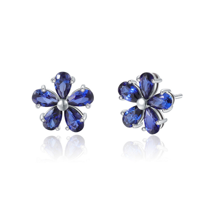 Five-Petal Flower Stud Earrings S925 Silver Lab Grown Sapphire
