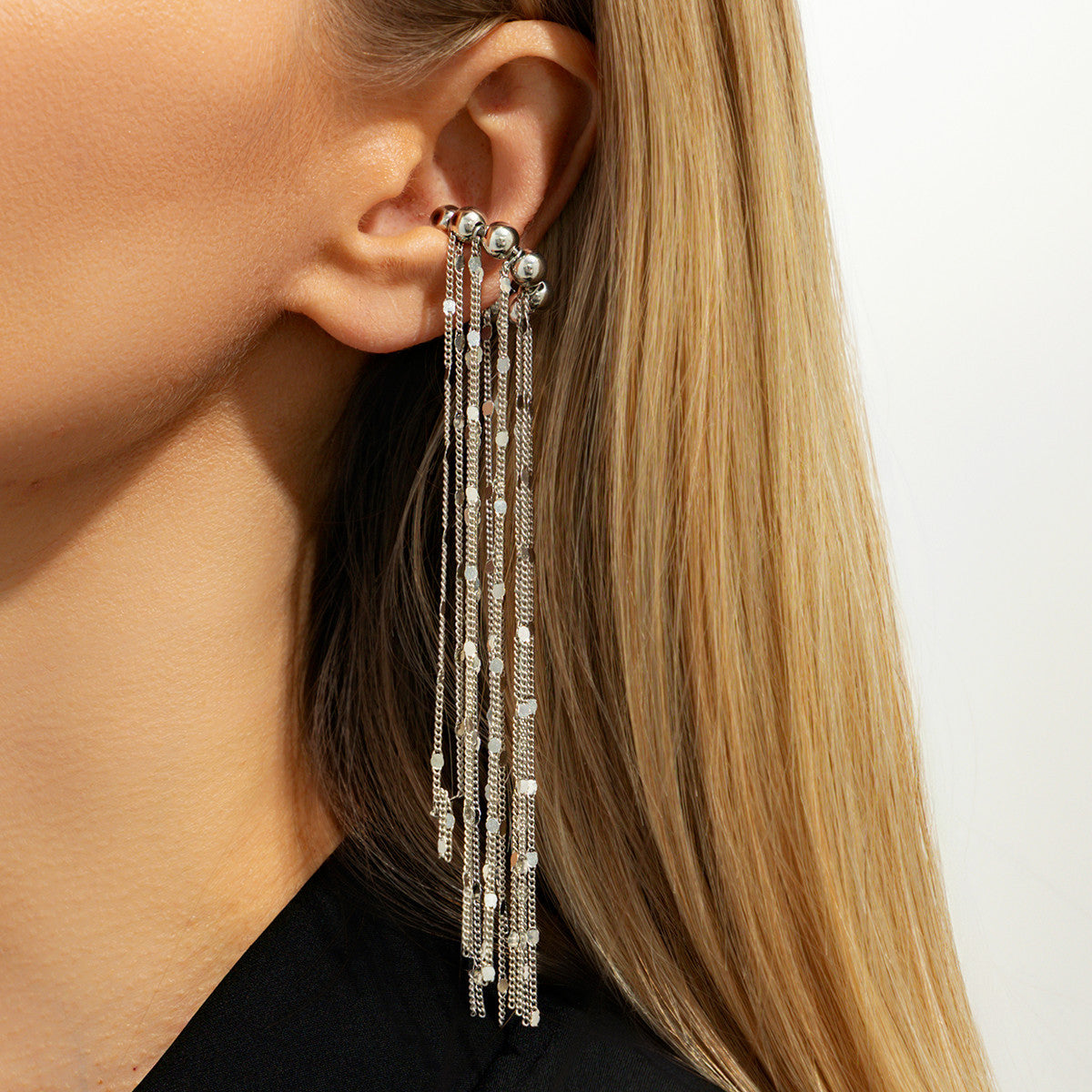 Planderful Vienna Verve Ear Clip Beaded Long Chain Fringe C Shape Non Pierced Jewelry For Women