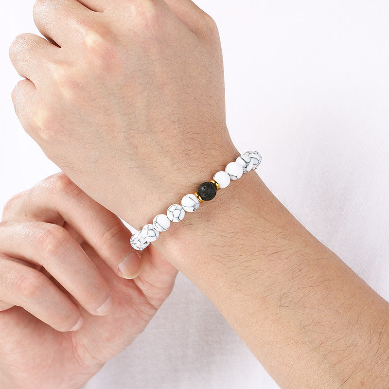 Turquoise Couple Girlfriend Bracelet – Stainless Steel Ring Volcanic Stone Elastic Rope