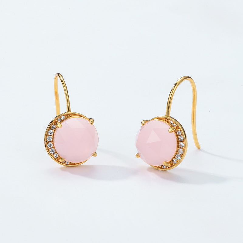 Stylish Round Cut Pink Crystal Silver Hook Earrings
