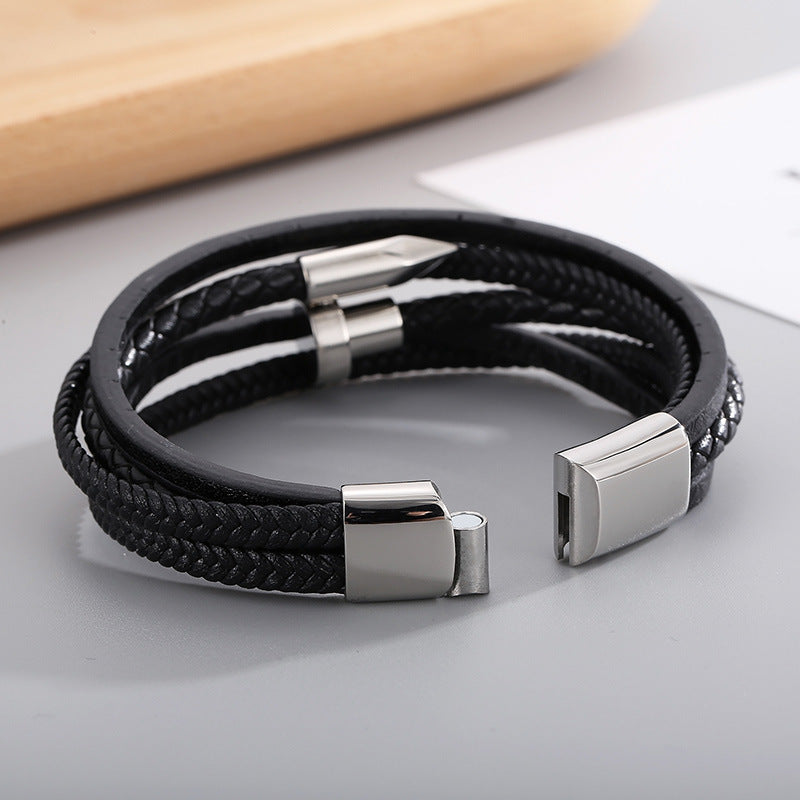 Planderful Leather Rope Bracelet For Men Stainless Steel